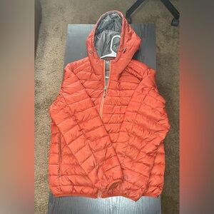 Tumi Orange and Gray Quilted Hooded Jacket